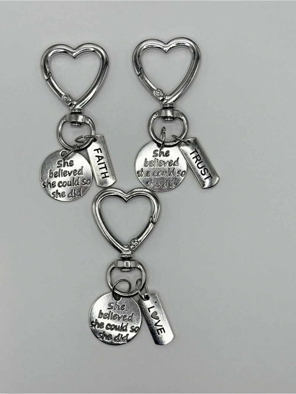 Silver Heart Keychain Trio with Inspirational Charms - FAITH, TRUST, LOVE